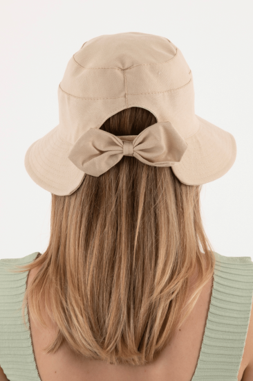 Fiyonk Detaylı Keten Bucket Kadın Şapka-Krem