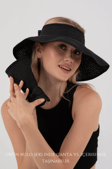 Kadın Geniş Siperli Uv Korumalı Fiyonklu Hasır Vizör Şapka-Siyah