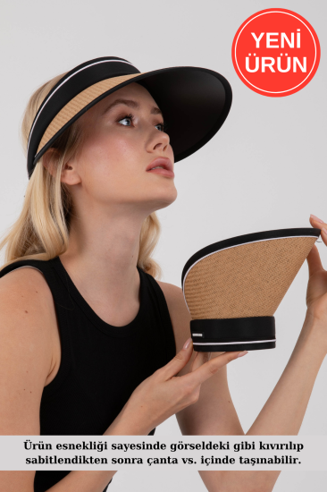 Bayan Hasır Vizör Şapka - Katlanabilir Tenisçi Şapkası-Kahverengi